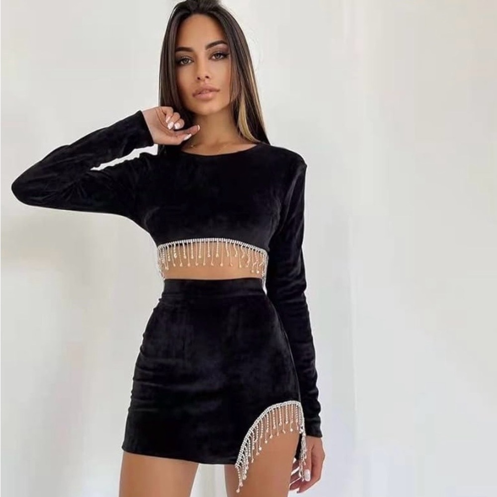 Elegant Black Velvet Skirt with Rhinestone Detailing